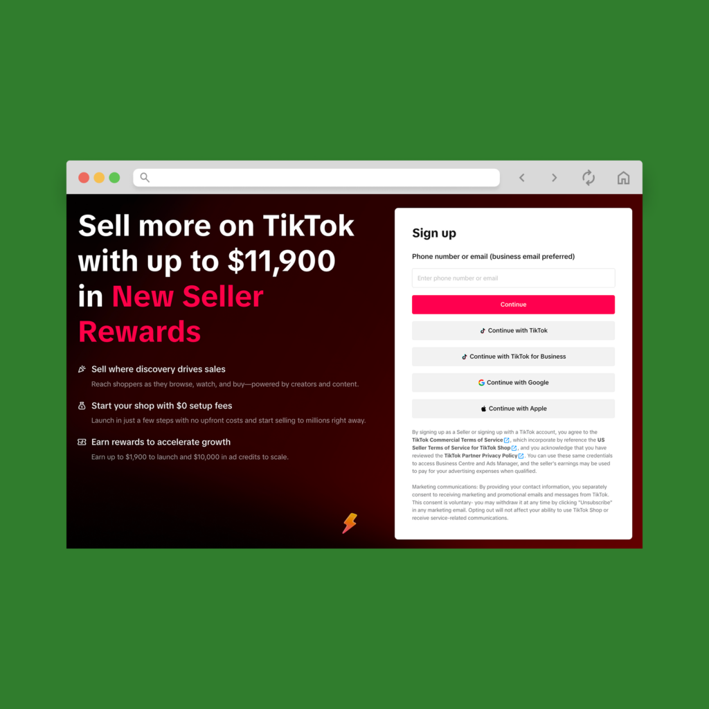 02 Create your Seller Center account A screenshot mockup showing the TikTok Seller Center sign-up page.