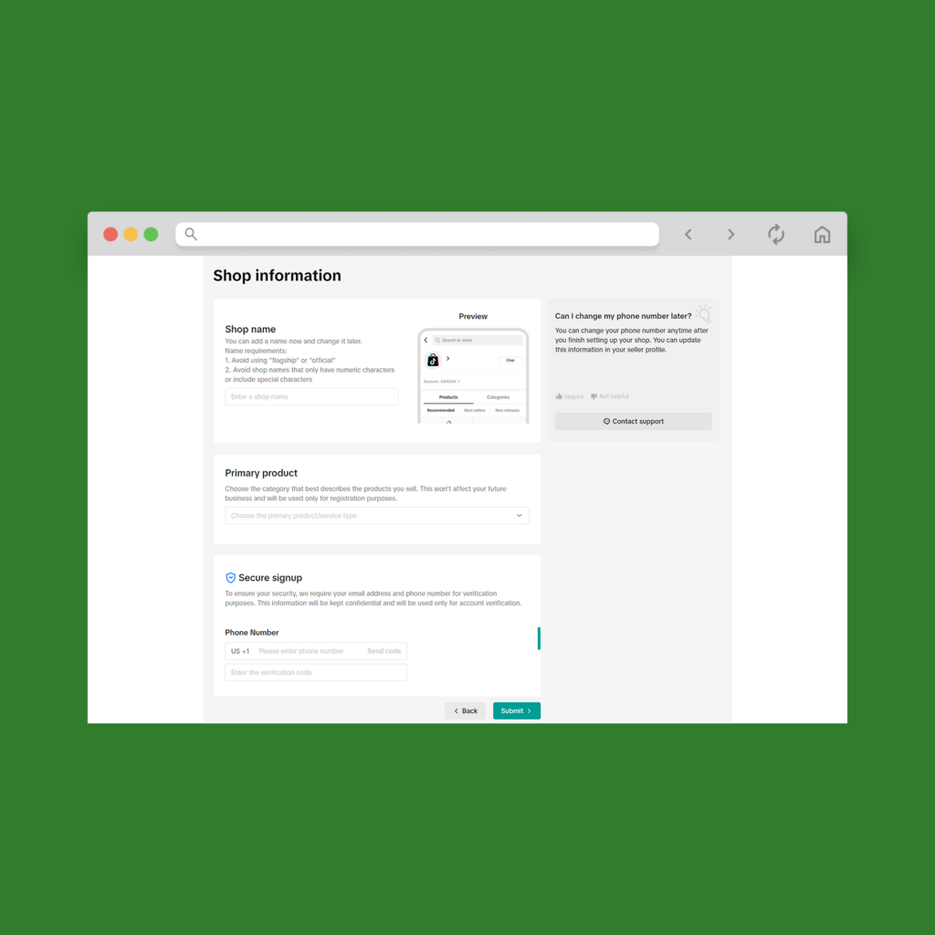 03 Submit your seller information A screenshot mockup showing the registration process for TikTok’s Seller Center (TikTok Shop registration).