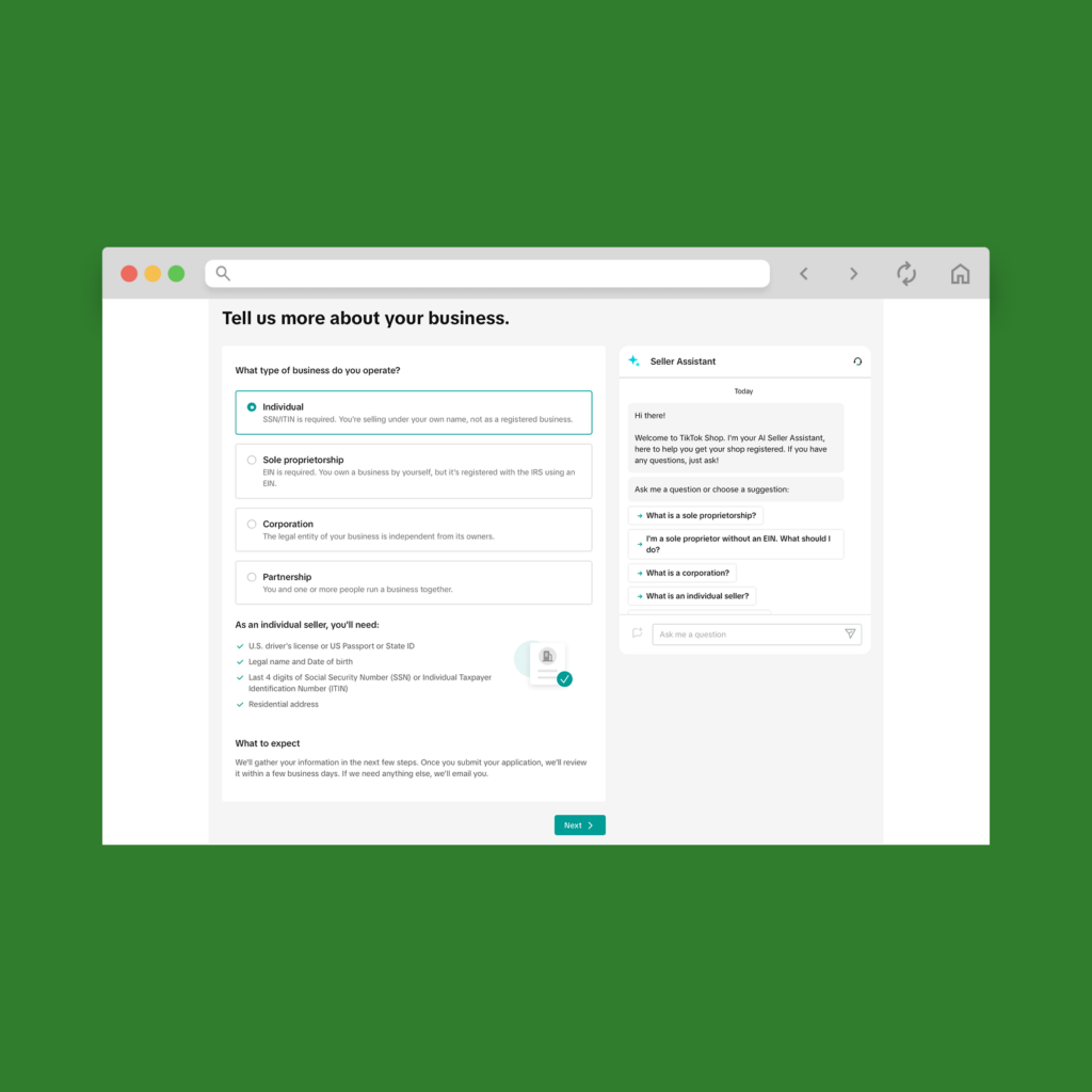 04 Upload your documents A screenshot mockup showing the registration process for TikTok’s Seller Center (TikTok Shop registration).