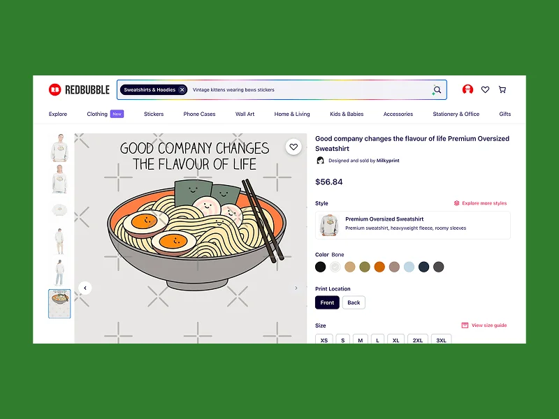 Add digital watermarks and NoAI tags to your listing images A cozy sweatshirt design features a bowl of ramen with eggs, tofu, and chopsticks, captioned "Good company changes the flavour of life."
