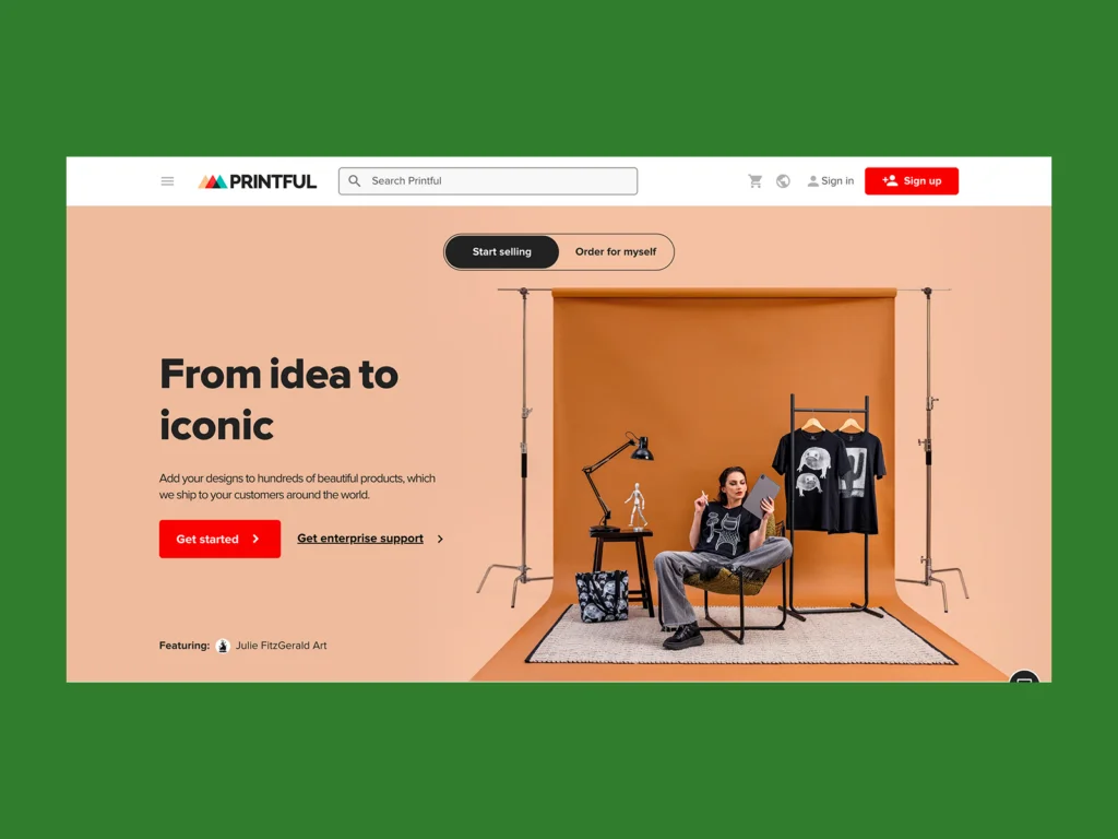 Screenshot mockup with Printful’s homepage.