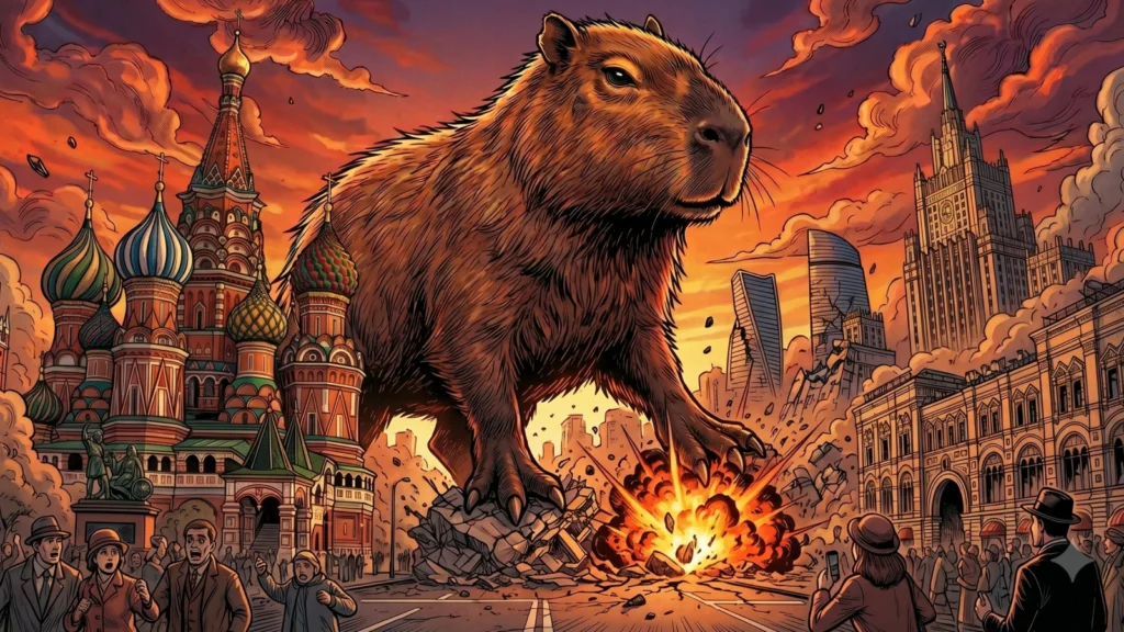 An AI-generated image of a giant capybara destroying a city.