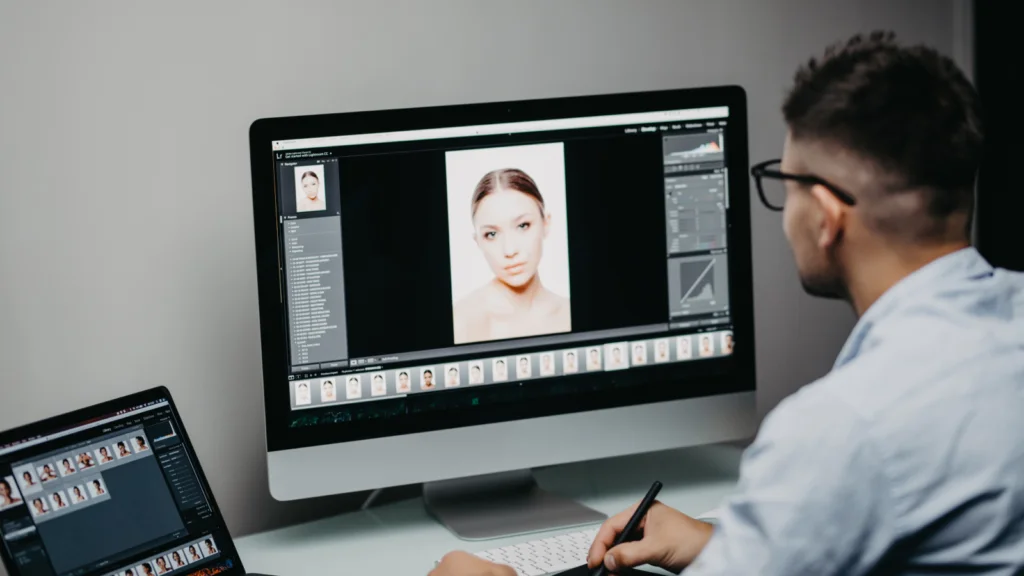 A man in glasses is editing a portrait shot of a woman on a computer.