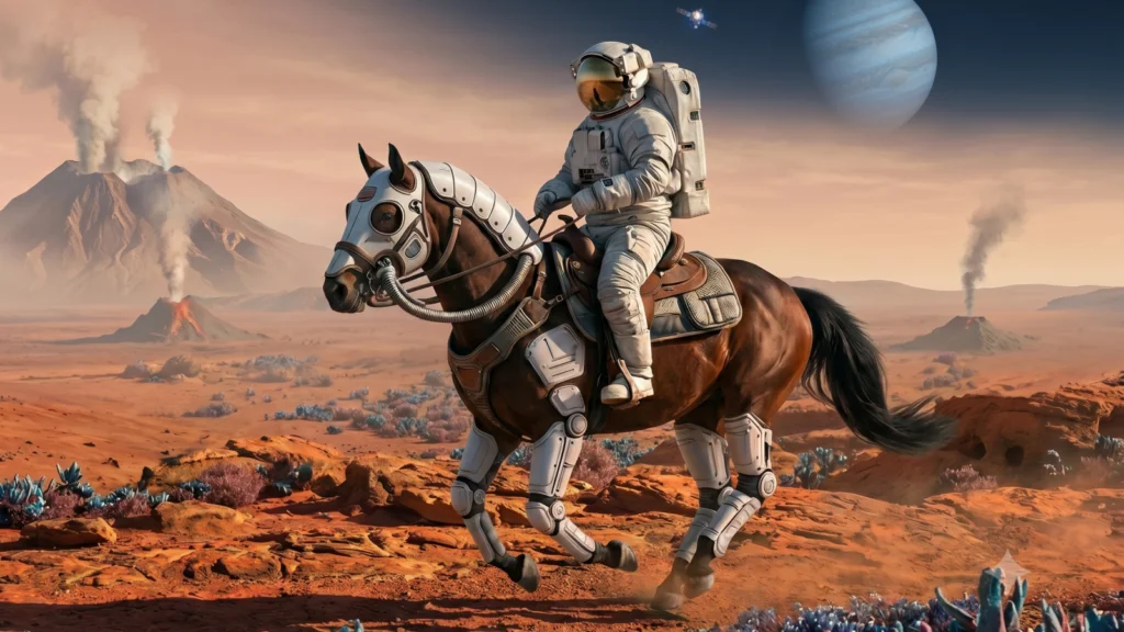 An AI-generated image of an astronaut riding a horse on a different planet.