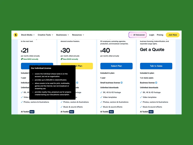 Understand commercial licenses for fonts and stock assets Pricing plans on a green background offer stock media services: $21, $30, $40 monthly, plus a "Get a Quote" option.
