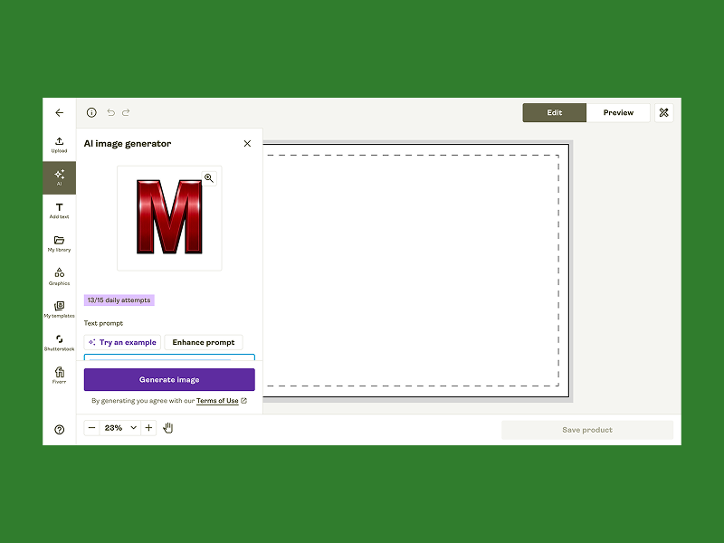 Use the Printify AI Image Generator for safe original graphics Screenshot of an AI image generator interface on a green background.
