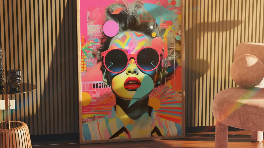 02 Artwork and prints A vibrant pop art portrait of a woman with oversized sunglasses, featuring bold colors and abstract shapes, displayed in a stylish interior setting.