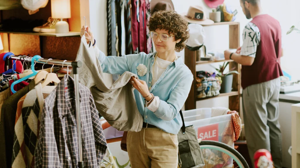 03 Vintage items A woman with curly hair and glasses holds up a piece of clothing in a vintage clothing shop, while another person browses nearby.