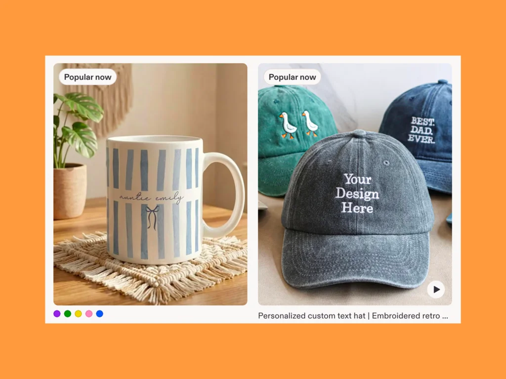 Personalized gift listings A screenshot with personalized products on Etsy.
