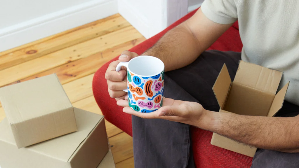 How to make your own custom printed mug A person holding a colorful mug while sitting on a red couch, with cardboard boxes nearby.